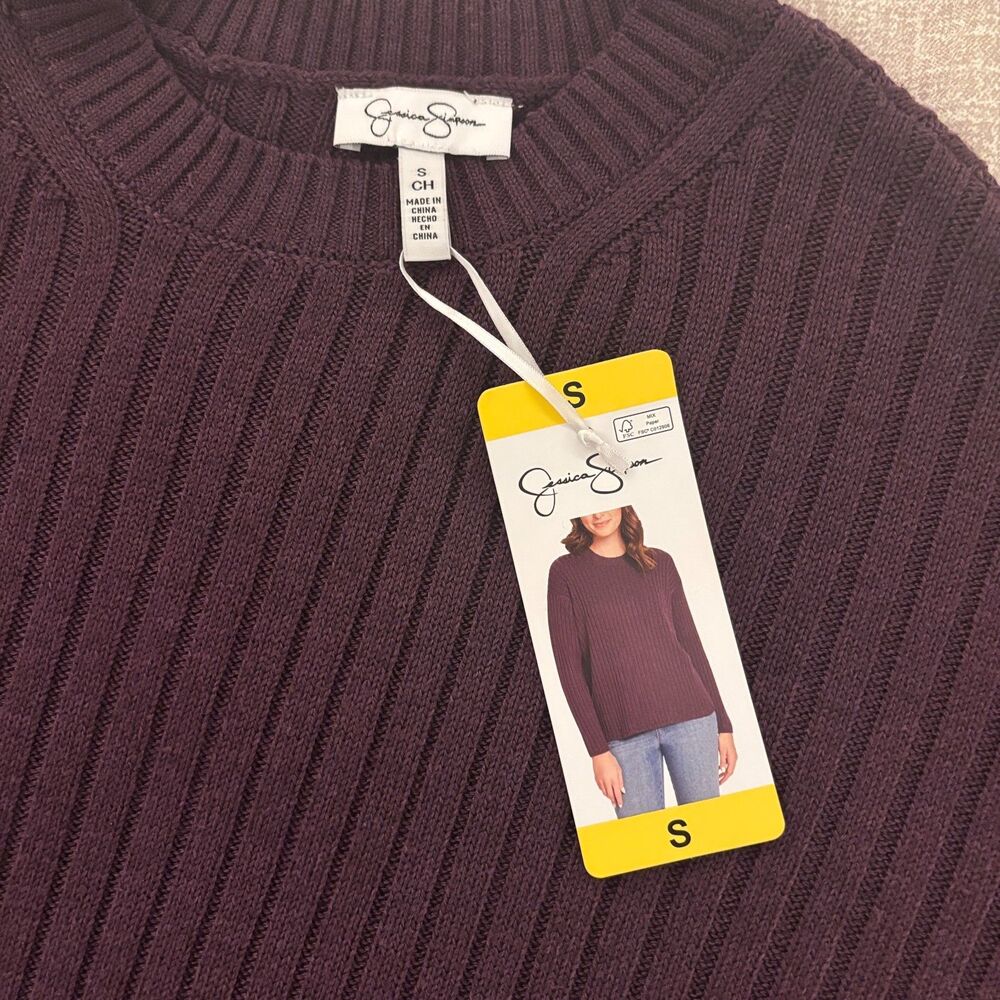 Jessica Simpson: Plum Ribbed Crew Neck Long Sleeve Pullover Sweater Small - NWT - Picture 3 of 3